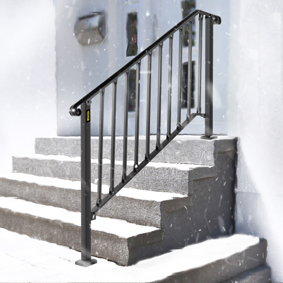 Wrought Iron Handrail Outdoor Stair Rail with Installation Kit, Black, Fit 4-5 Steps