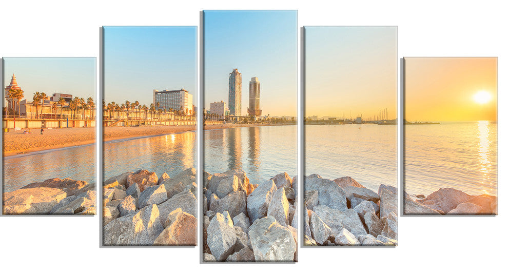 "Barceloneta Beach in Barcelona" Seashore Photo Wall Art, 5 Panels, 60"x32"