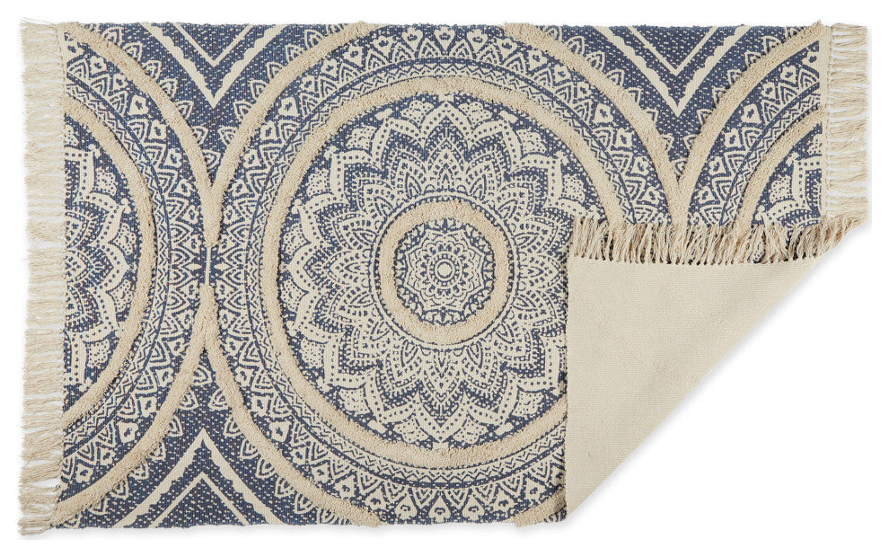 French Blue Printed Natural Hand-Loomed Shag Rug 4x6 ft.