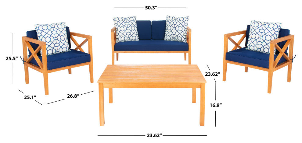 Safavieh Nunzio 4 Piece Indoor-Outdoor Set with Accent Pillows, White/Navy