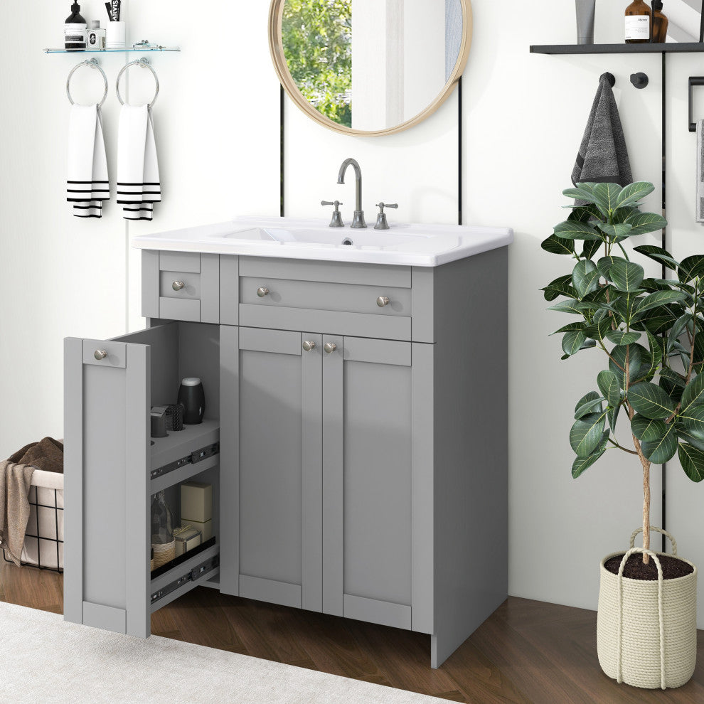 30 Inch MDF Freestanding Bathroom Vanity Set with Ceramic Sink, Grey