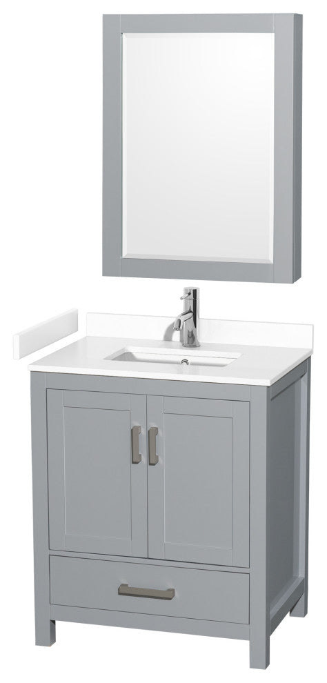 30"SGL Bathroom Vanity Gray, White Cult. Marble Countertop, Sink, Med. Cabinet