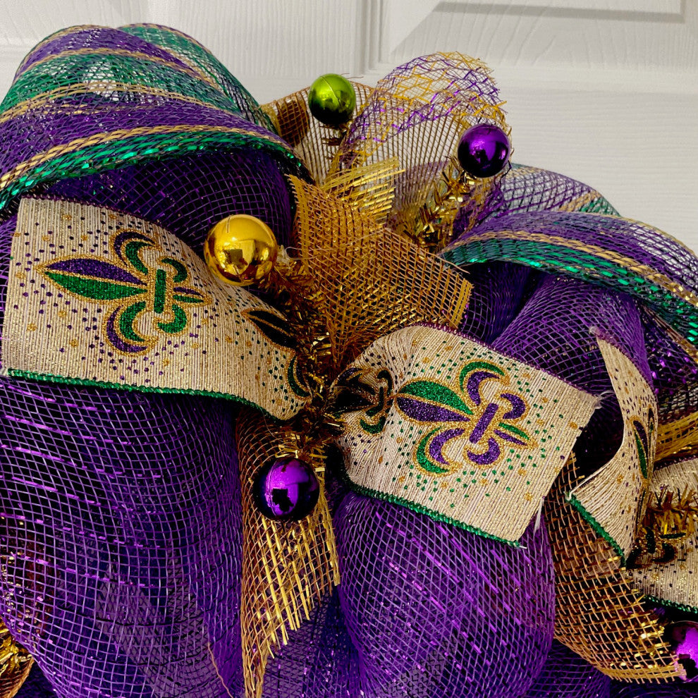 Mardi Gras Wreath Fleur de Lis and Mask Deco Mesh, 28"