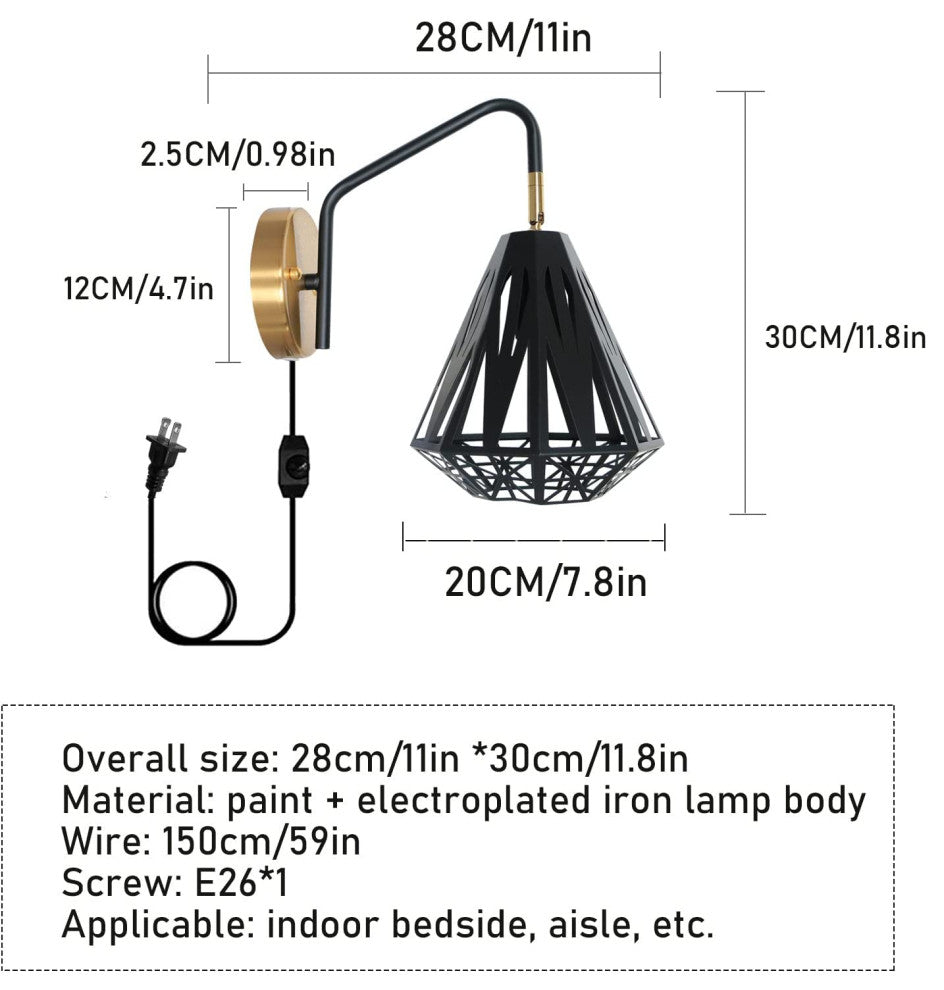 Black Plug, Wall Sconce Farmhouse Cage Wall Light Fixture
