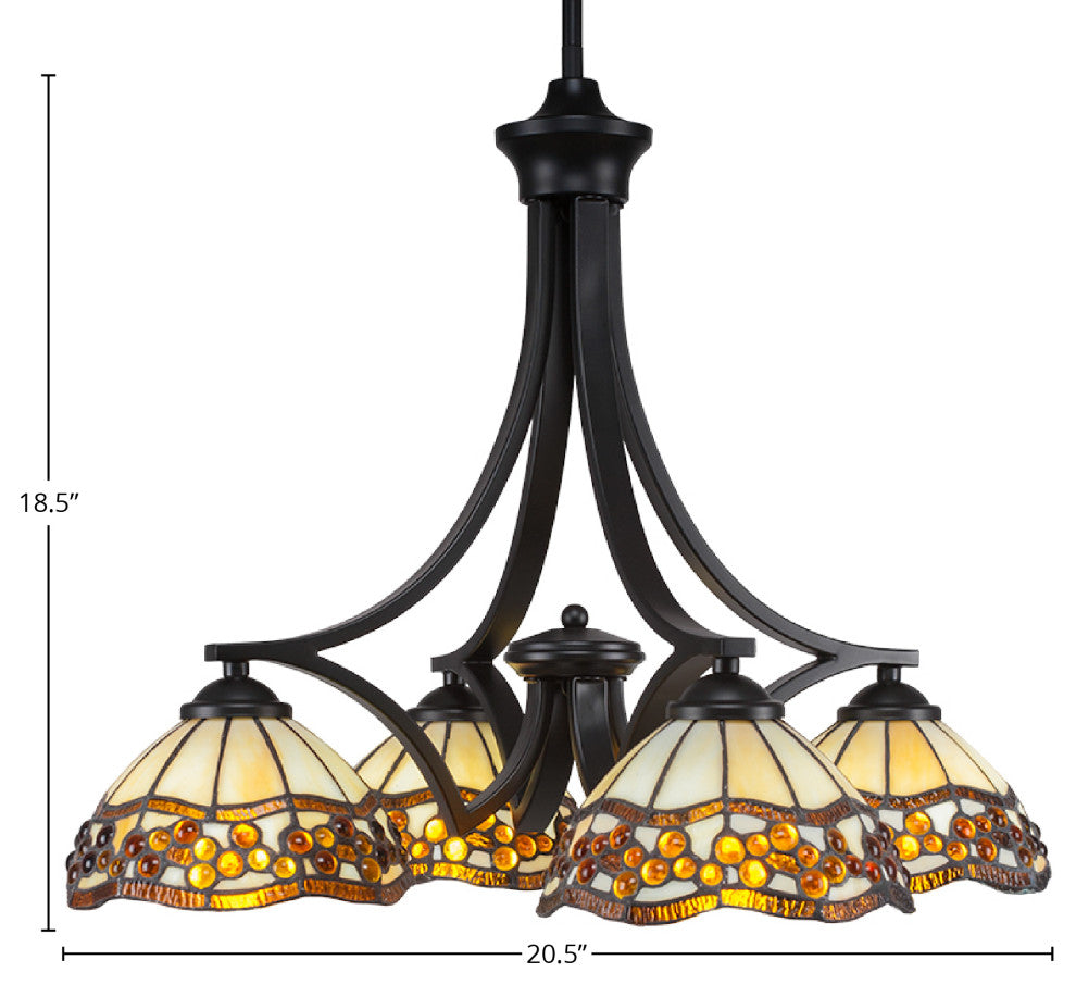 Zilo 4 Light Chandelier, Matte Black Finish With 7" Roman Jewel Tiffany Glass