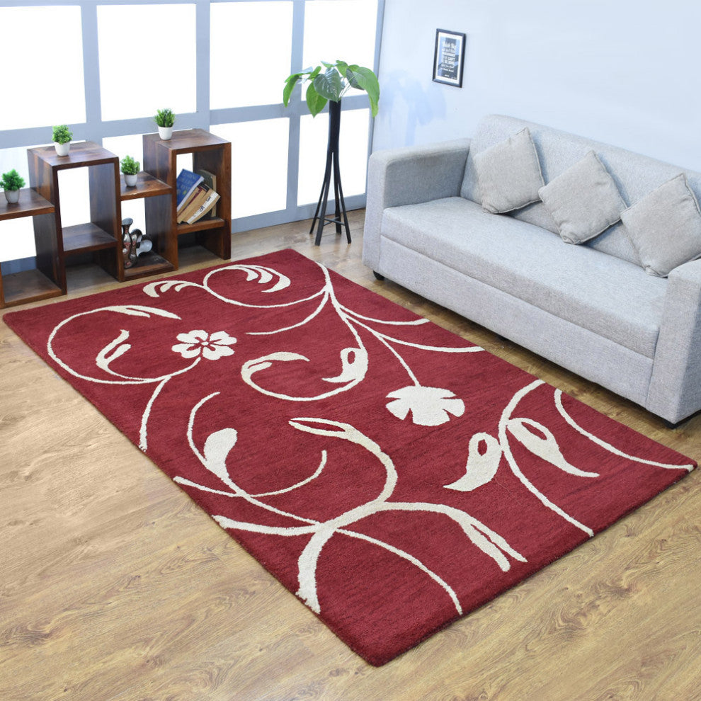 HAND TUFTED WOOL ECO-FRIENDLY AREA RUGS, Red Beige Color, Floral Design