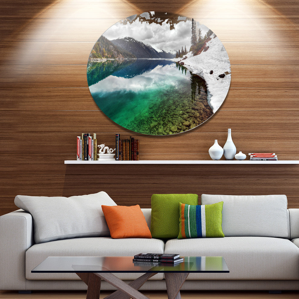 Clear Lake Pine Trees And Mountains, Landscape Disc Metal Wall Art, 11"