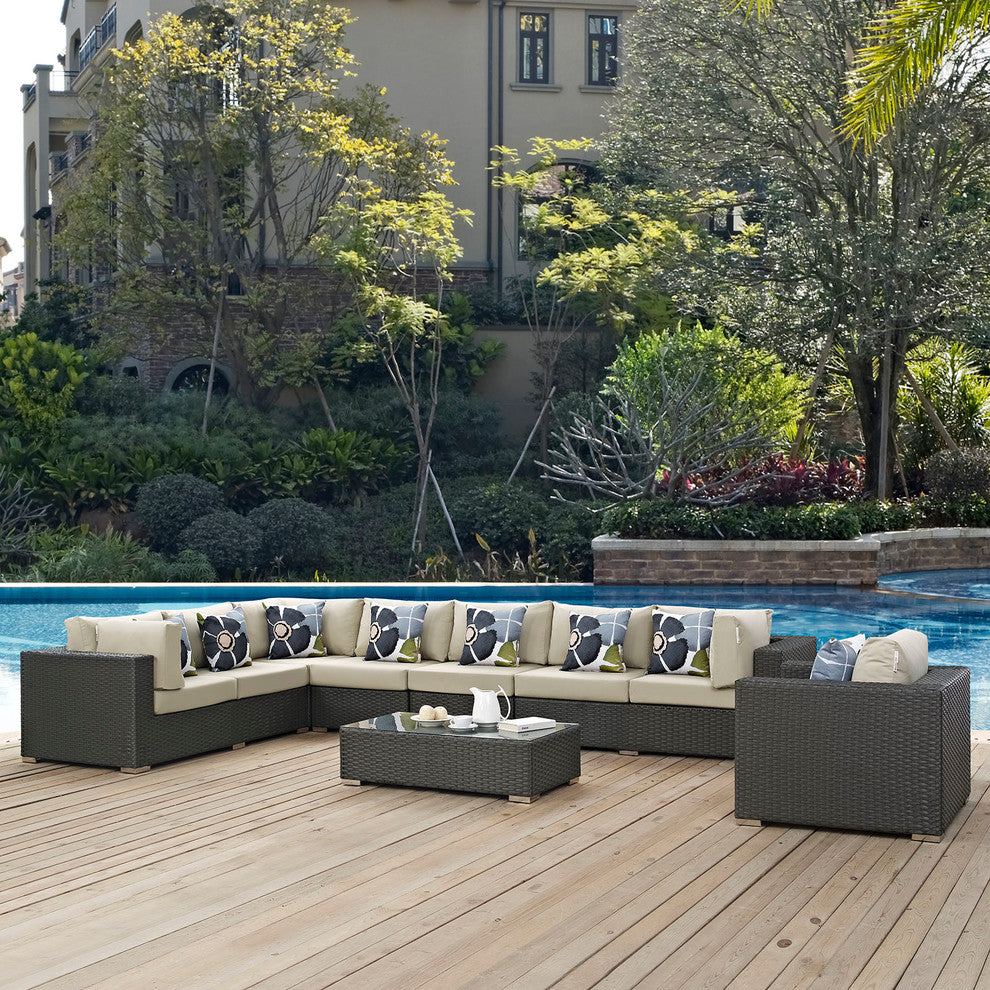 Sojourn 7 Piece Outdoor Patio Sunbrella Sectional Set, Chocolate Beige