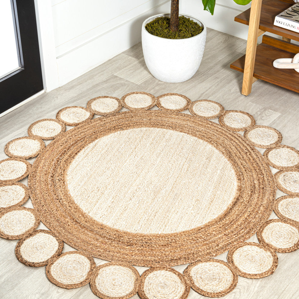 Skye Two-Tone Jute Circle Border Round Area Rug, 4' Round