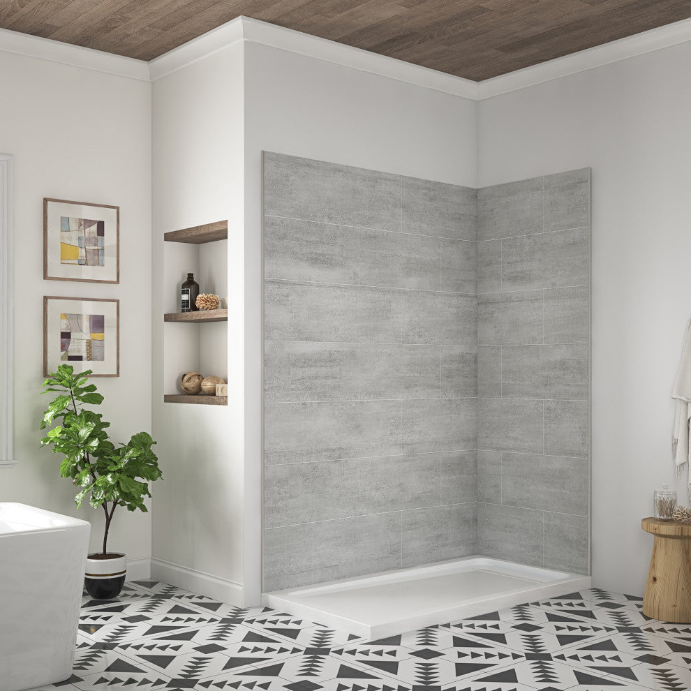 Ove Decors Misty 60x32" Solid Surface Corner Shower Wall, Gray Tiles