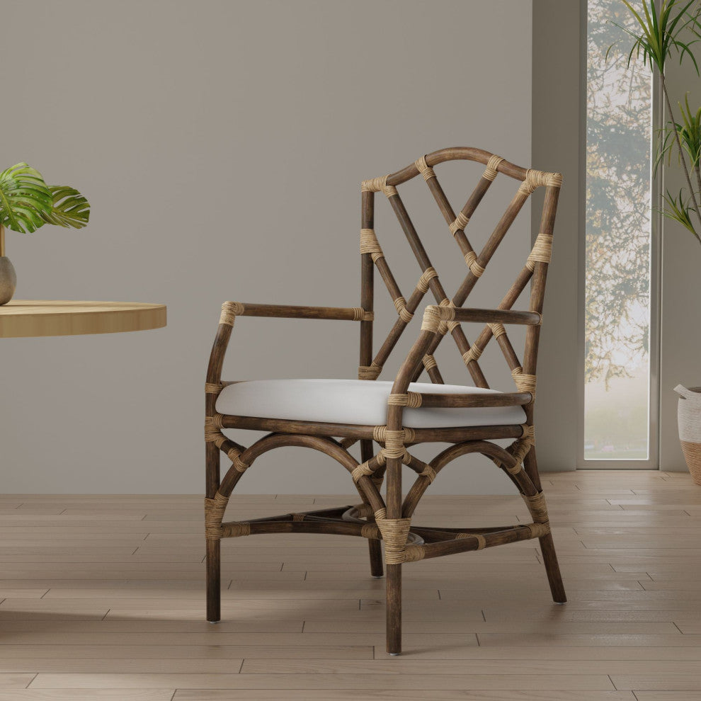 Rattan Chippendale Upholstered Dining Armchairs, Antique Brown, Set of 2