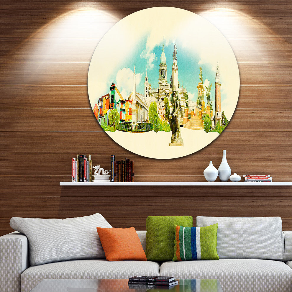 Buenos Aires Panoramic View, Watercolor Disc Metal Artwork, 23"