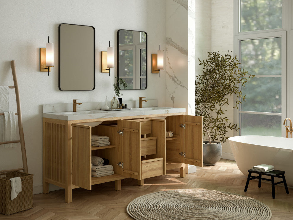 Elizabeth 72 Double Sink Bath Vanity in Light Natural Teak 2" Carrara Quartz