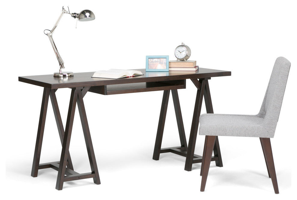 Sawhorse Solid Wood 60" Modern Writing Office Desk, Dark Chestnut Brown