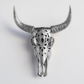 Faux Decorative Carved Bison Skull Silver Wall Decor, Metallic Silver