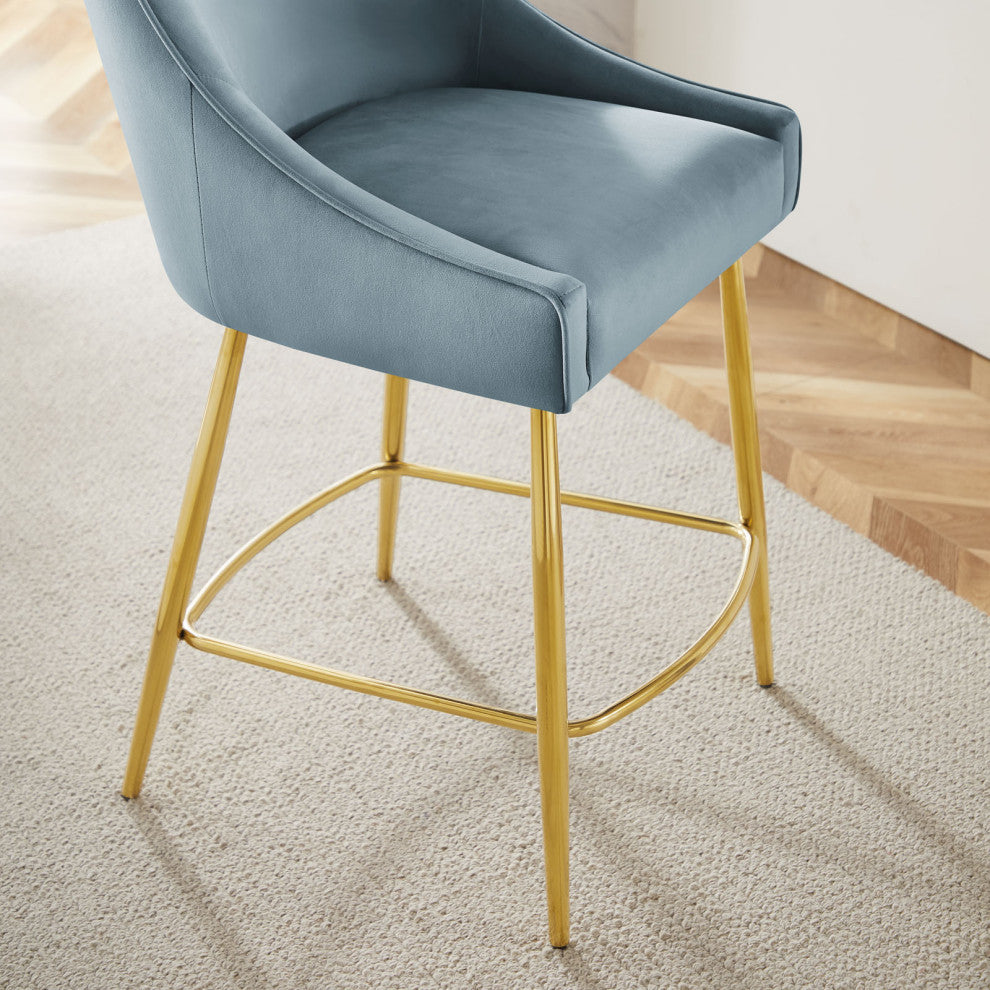 Counter Stool Chair, Blue, Velvet, Modern Bar Pub Cafe Bistro Lounge Dining