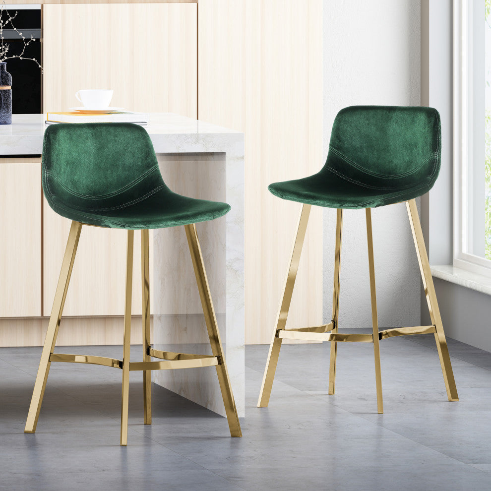 GDF Studio Rex Faux Snake Leather Brown Bar Stools, Set of 2, Emerald/Champagne Gold