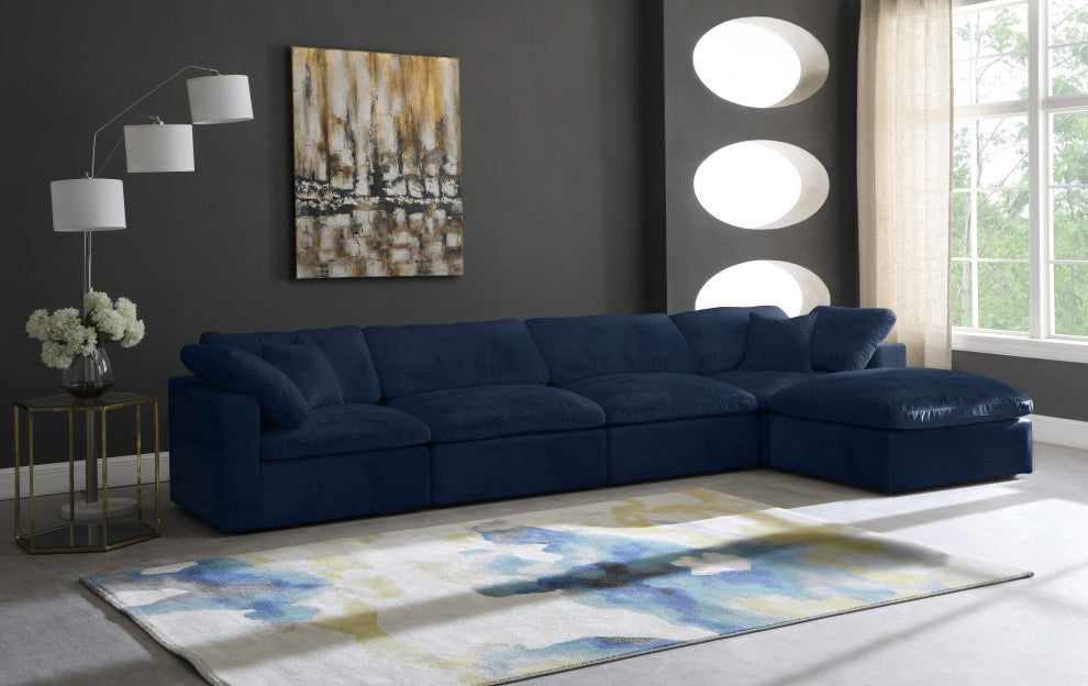 Cozy Velvet Upholstered Comfort L-Shaped Modular Sectional, Navy, 5-Piece: 2 Armless Chair, 2 Corner Chair, 1 Ottoman