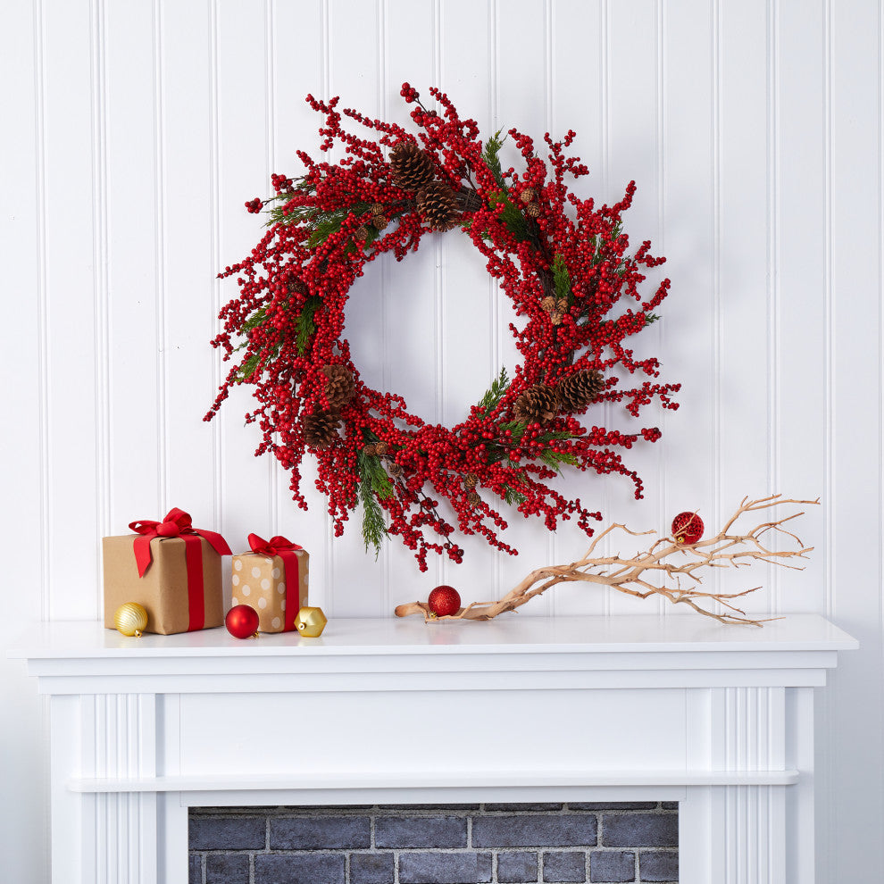 34" Cypress Artificial Wreath With Berries and Pine Cones