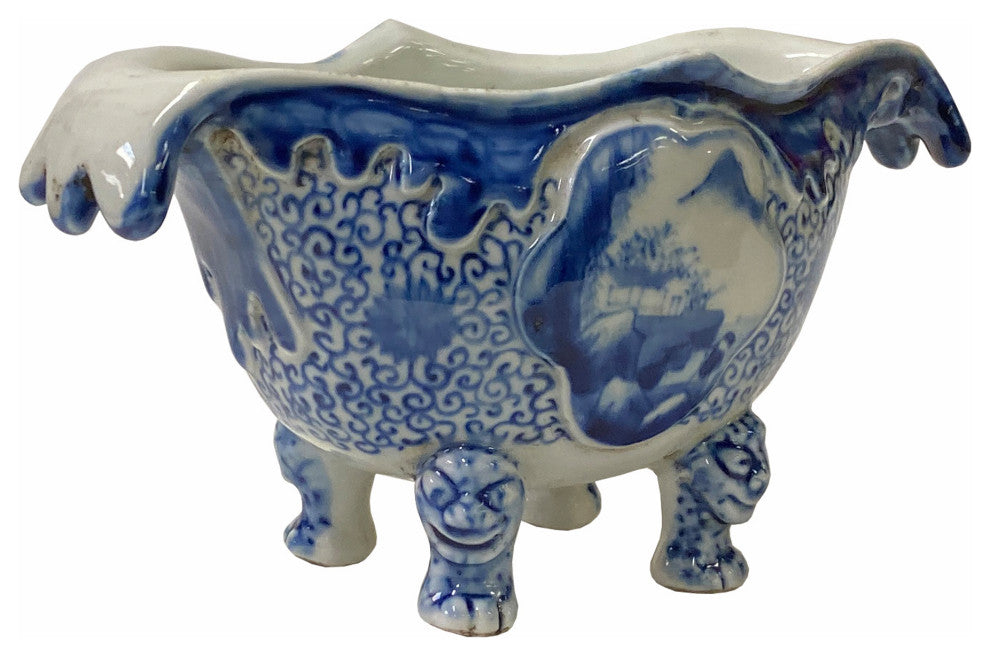 Chinese Oriental Blue Off White Porcelain Graphic Container Planter Hws1793