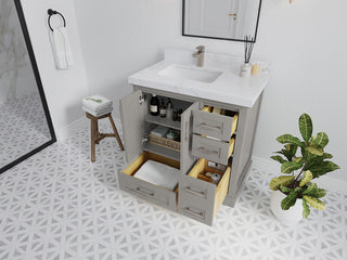 Boston 36 Left Offset Bath Vanity in Elephant Skin Gray 2" Calacatta Nuvo