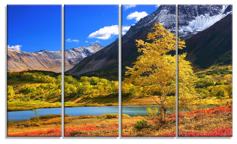 Beautiful Kamchatka Mountains, Landscape Canvas Wall Art, 48"x28", 4 Panels