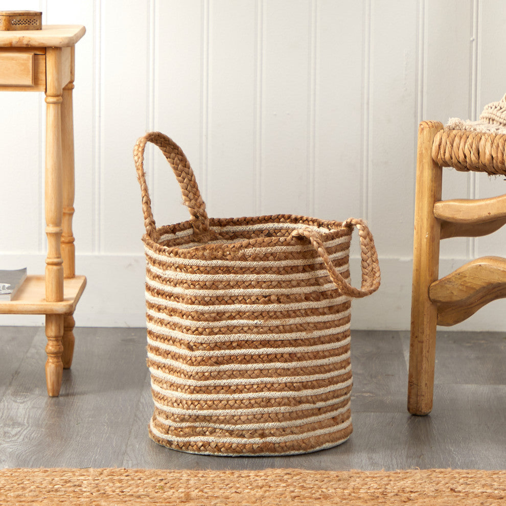 14" Boho Chic Basket Natural Cotton and Jute, Handwoven Stripe With Handles
