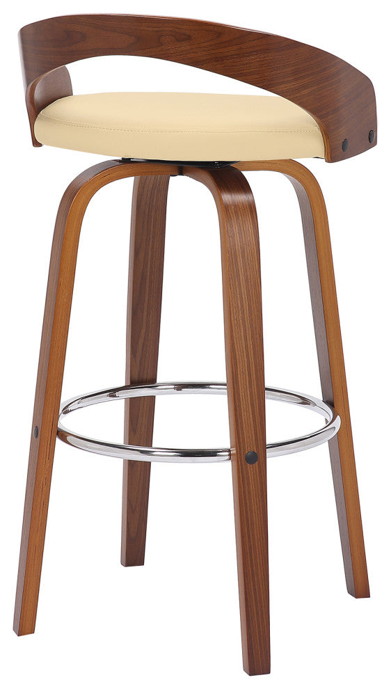 Sonia Swivel Faux Leather and Wood Stool, Cream/Walnut, Bar Height 30"