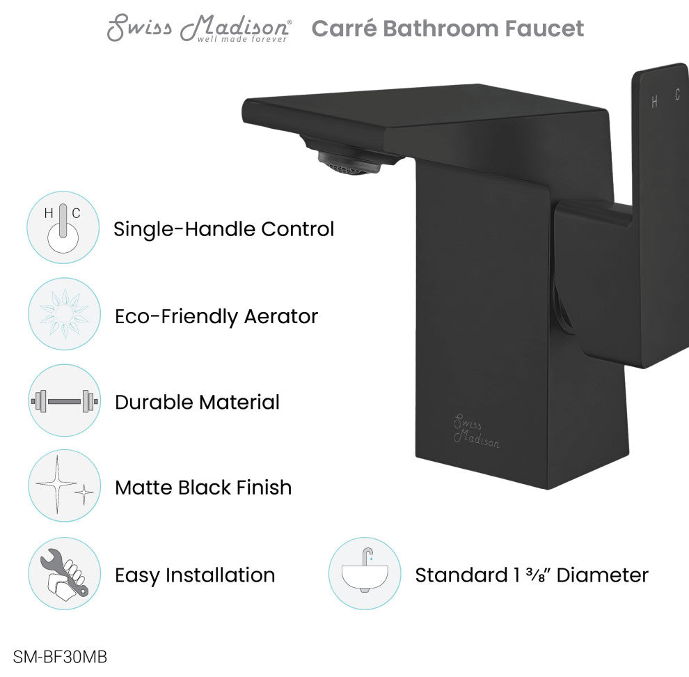 Carre Single Hole Single Handle Bathroom Faucet, Matte Black