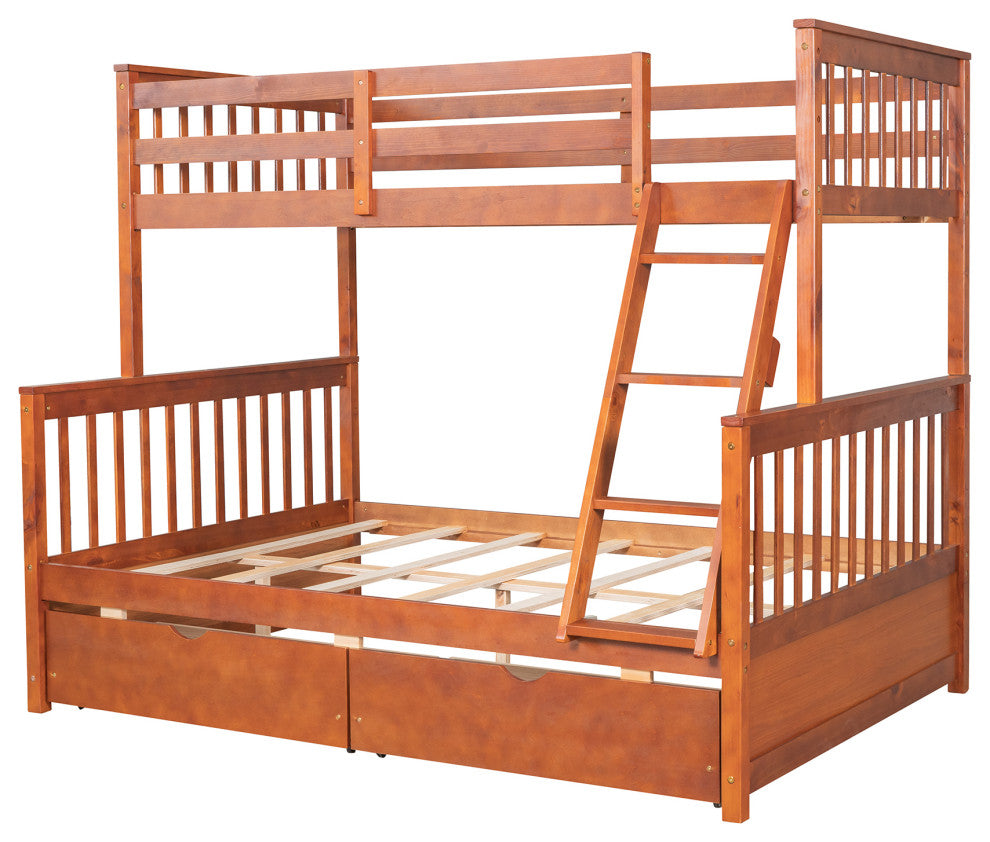 TATEUS Twin Over Full Bunk Bed With Storage Drawers Wood Bunked Bed, Walnut