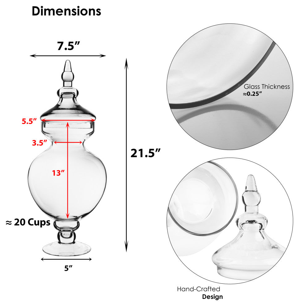 Glass Apothecary Jar Candy Buffet Container H-14.75"  D-6.5" Set of 1, Open D-5.75" Body D-7.5" H-21.5", Set of 4