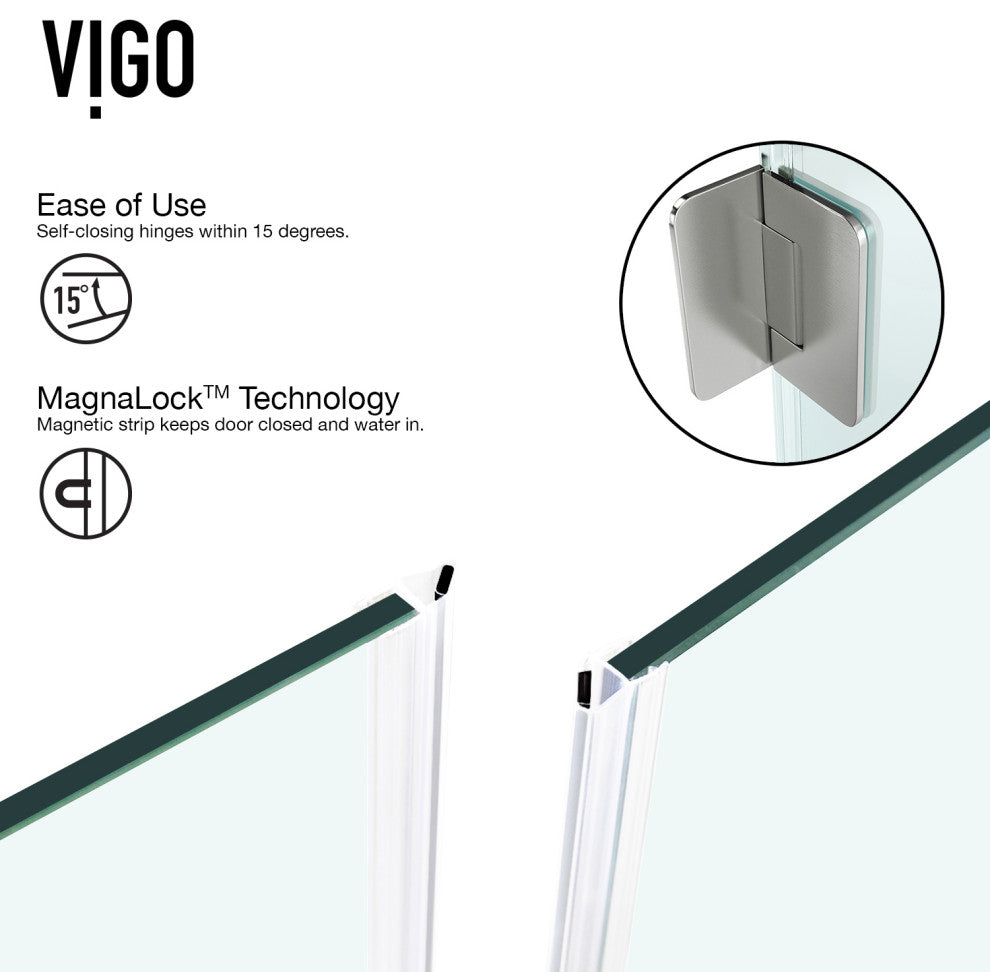 VIGO Piedmont Frameless Hinged Neo-Angle Shower Enclosure, Brushed Nickel, 38" D X 38" W, Low Base