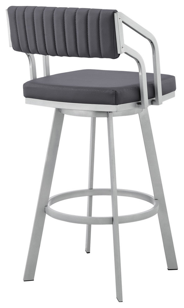 Benzara BM282087 Blake 30" Swivel Bar Stool Open Back, Silver, Gray Faux Leather