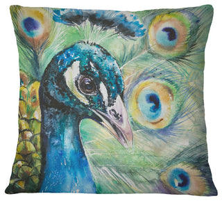 Larger Peacock Watercolor Abstract Throw Pillow, 16"x16"