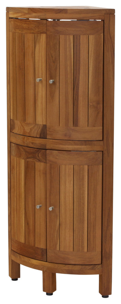 Kai Corner Teak Bath Shelf With Square Legs and Front Facing Doors