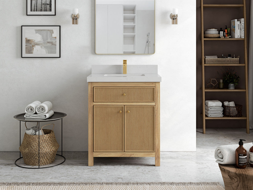 Sonoma 30 Single Sink Bath Vanity in Light Natural Teak with 2" Carrara Quartz
