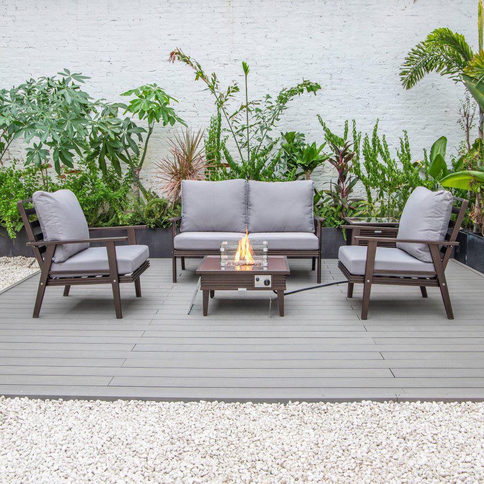 LeisureMod Walbrooke Patio Conversation Set With Fire Pit Table, Grey