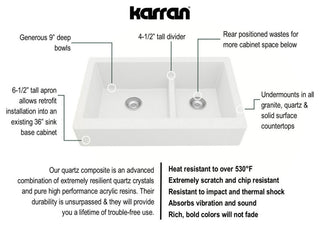 Karran Retrofit Farmhouse Quartz 34" Double Offset Bowl Sink Kit, White