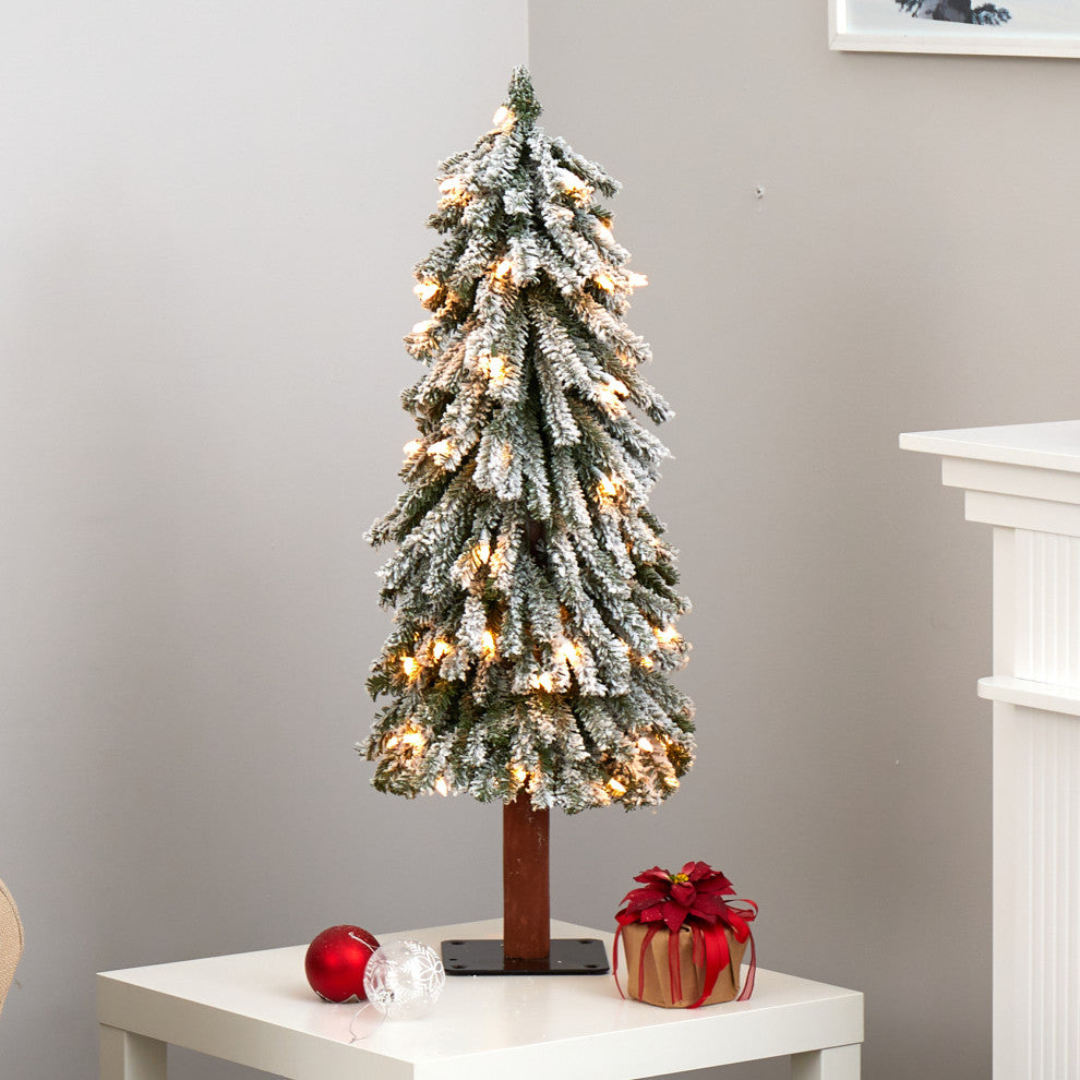 3' Flocked Grand Alpine Faux Xmas Tree W/Lights & Bendable Branches