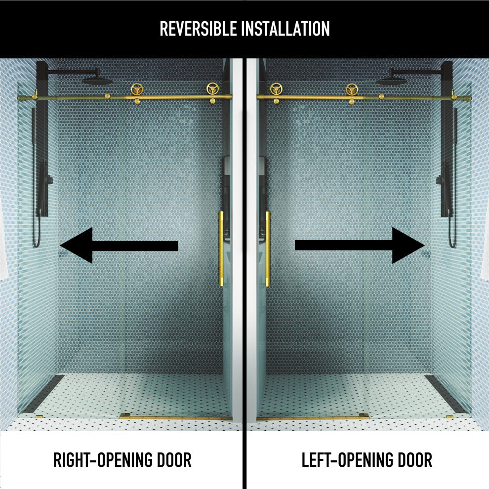 VIGO Elan Cass Aerodynamic 64" to 68" W x 76" H Frameless Sliding Shower Door, Matte Brushed Gold, Clear Glass