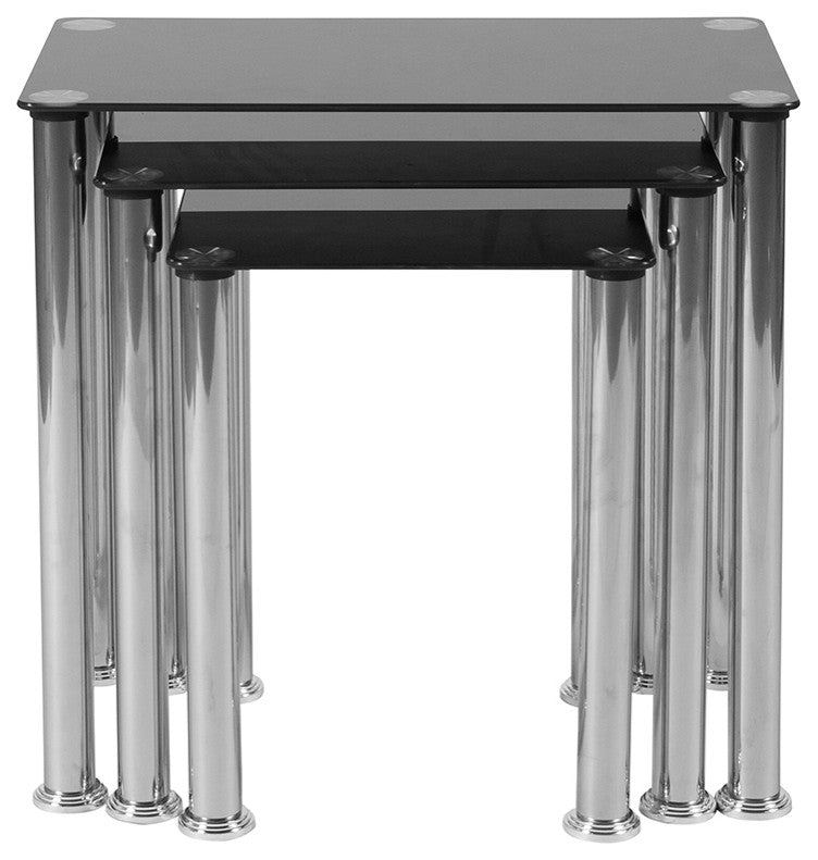 Black Glass Nesting Tables With Stainless Steel Legs