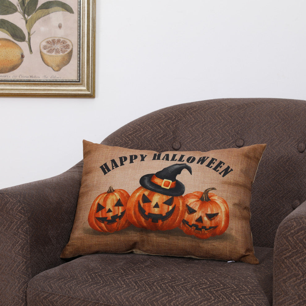 18"L Faux Burlap Happy Halloween Pumpkin Pillow
