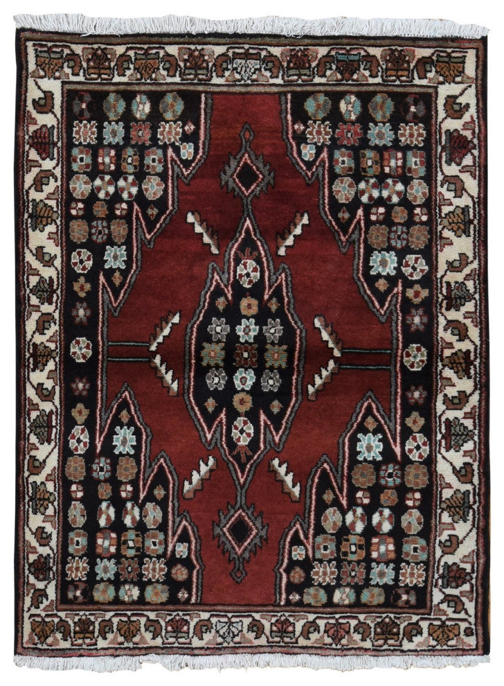 Barn Red New Persian Mazlagan Design Pure Wool Hand Knotted Rug 3'6" x 4'8"