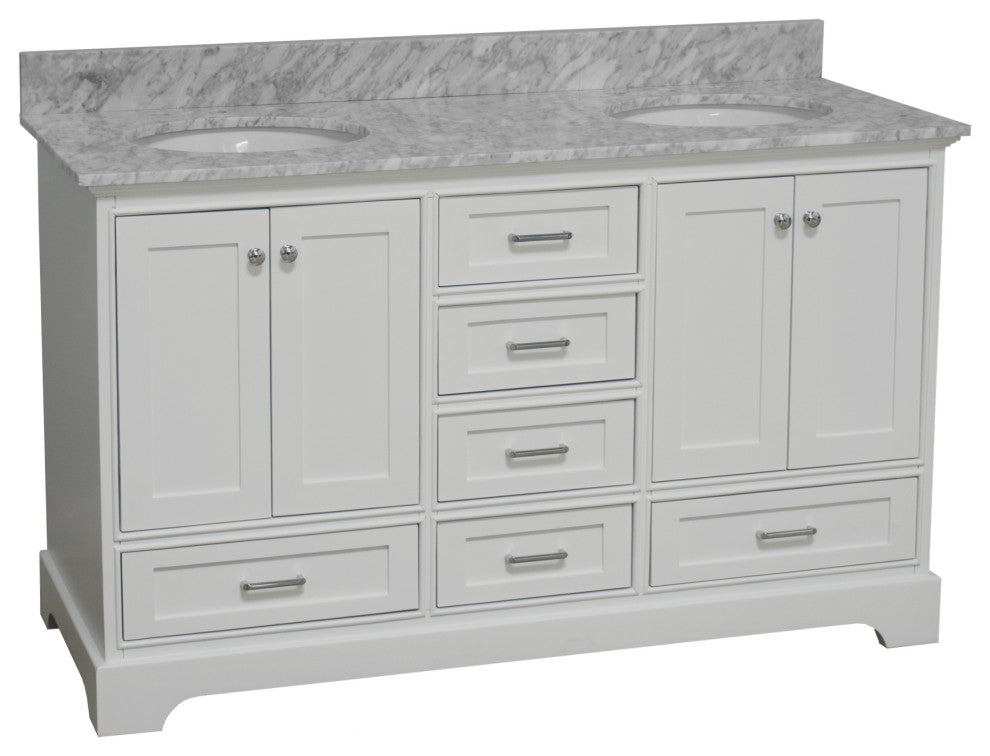 Harper 60" Bathroom Vanity, White, Carrara Marble, Double
