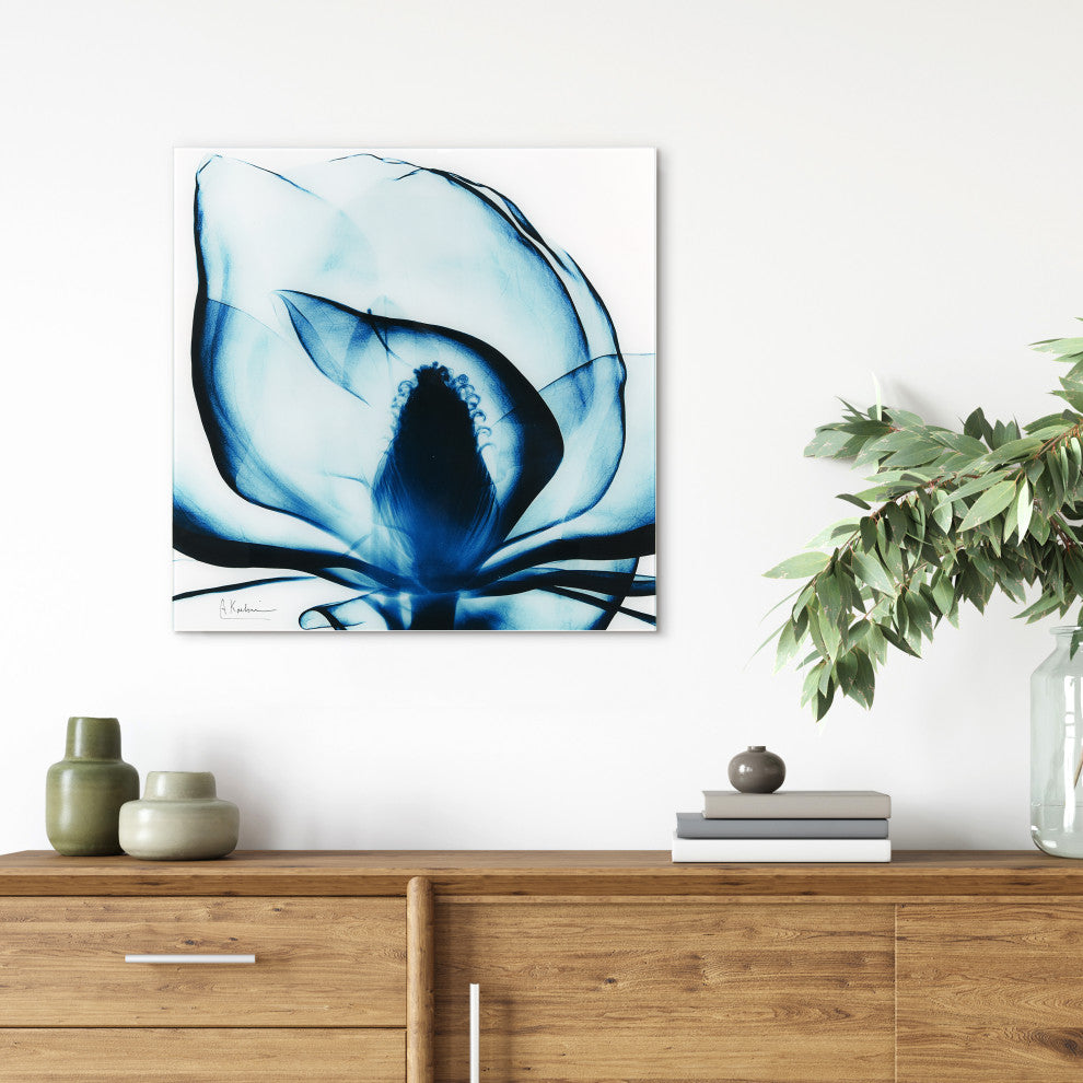 Blue Magnolia X-Ray Flower Wall Art Frameless Free Floating Tempered Glass Panel