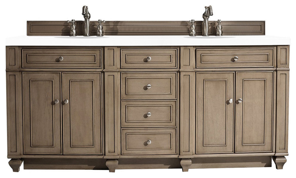 Bristol 72" Double Vanity Bright White, Whitewashed Walnut, White Zeus, Three-Hole