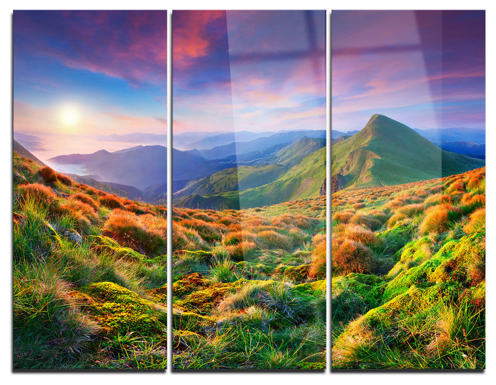 "Purple Sky and Green Mountains" Photo Metal Wall Art, 3 Panels, 36"x28"