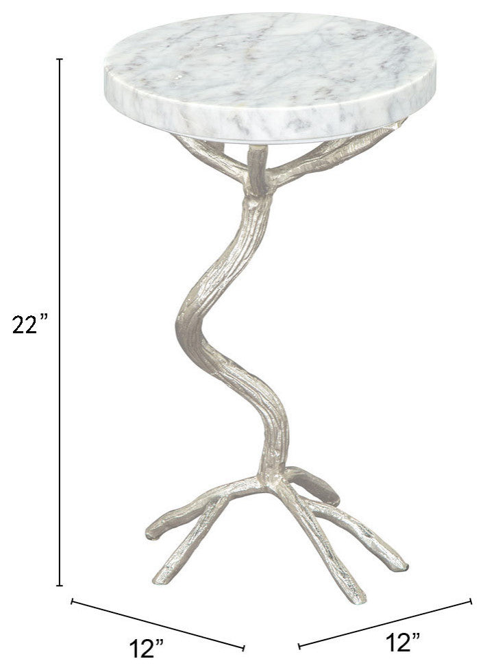 Sofa Side Table, Round, Artificial Marble, Aluminum Metal, White, Silver