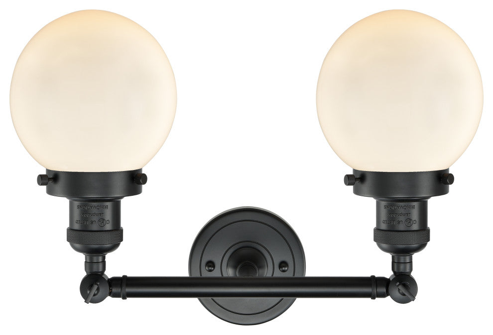 2-Light Beacon 17" Bath Fixture, Matte Black, Glass: Matte White Cased