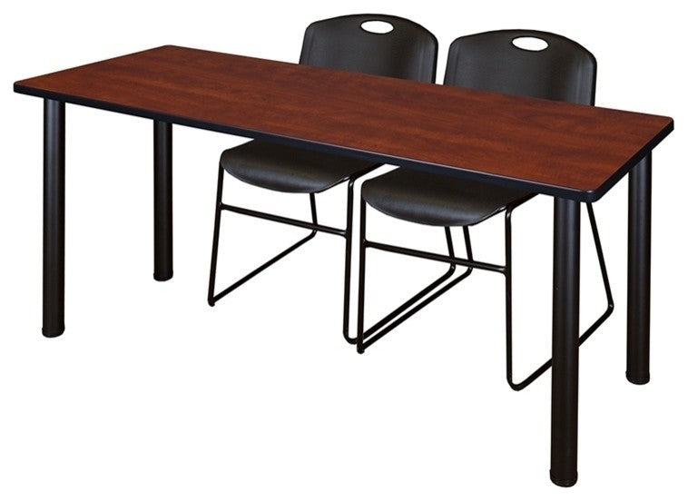 66"x24" Kee Training Table, Cherry/ Black and 2 Zeng Stack Chairs, Black